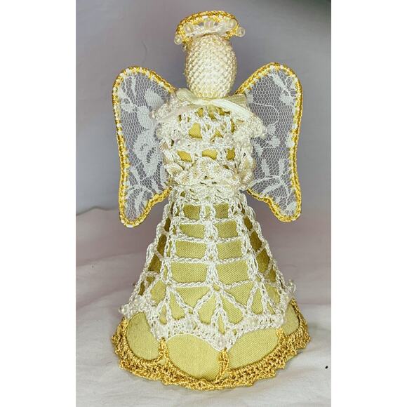 Vintage Crochet Angel Ornament Tree Topper Christmas Gold Handmade Lace 6" Decor - Picture 2 of 10